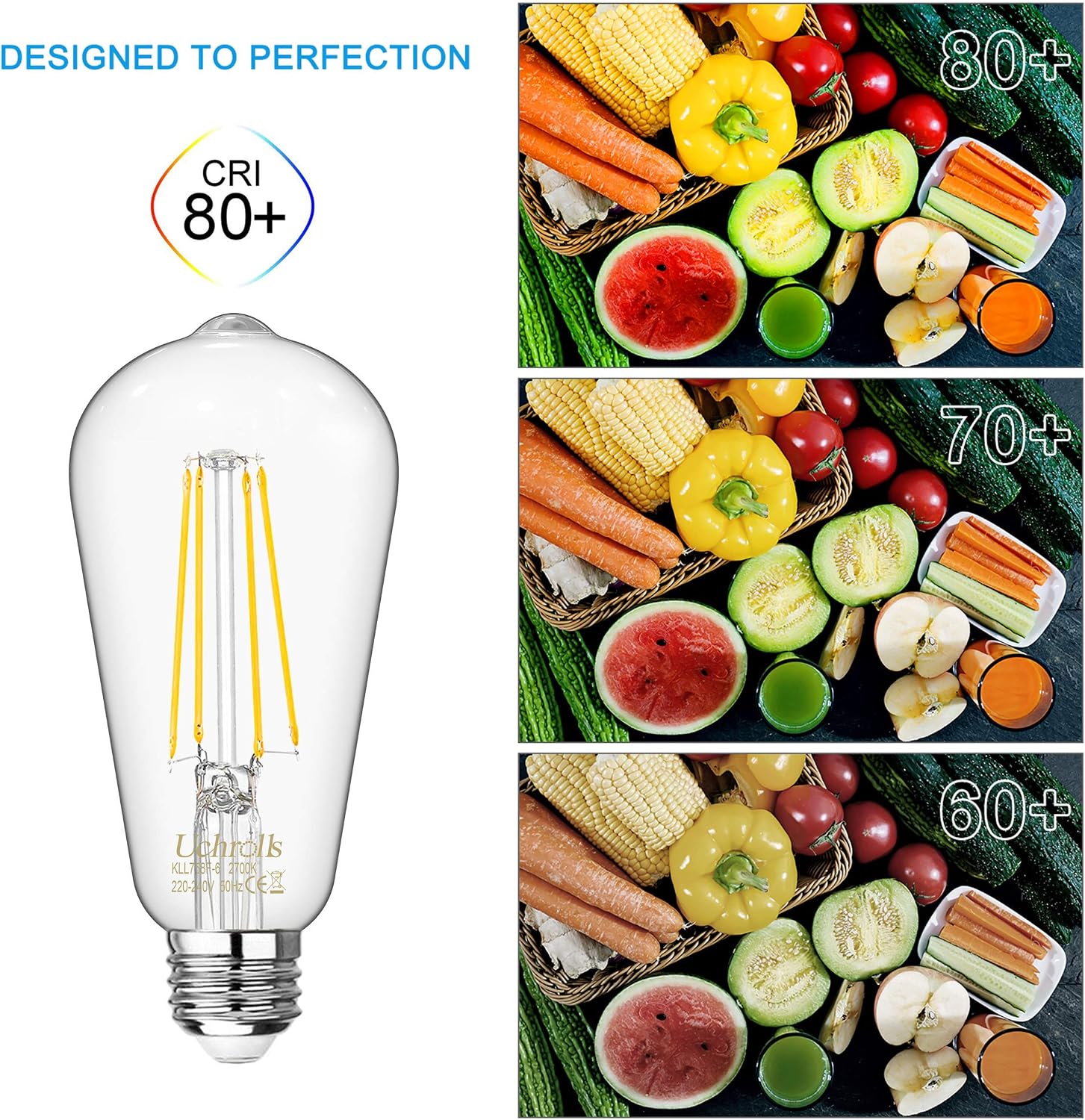 Detalle de Uchrolls Vintage Edison Light Bulb ST58 – 6W E27, Warm White 2700K, 800lm, Pack of 5