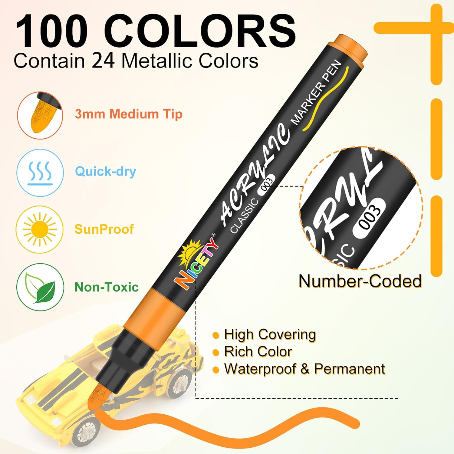 Detalle de NICETY 100 Pcs Acrylic Paint Pens – 3mm Medium Tip, Water-Based, Multi-Surface Markers