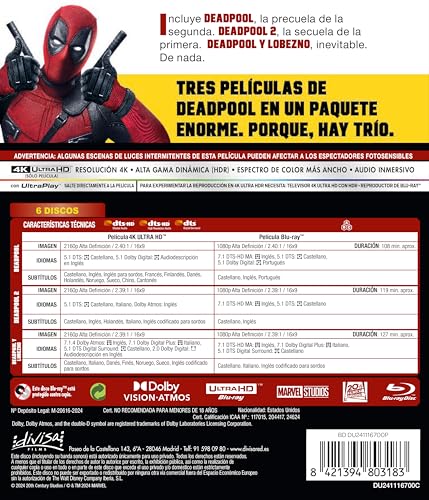 Detalle de Deadpool 1+2+3 (4K UHD + Blu-ray) Pack 3 Películas de Divisa Films