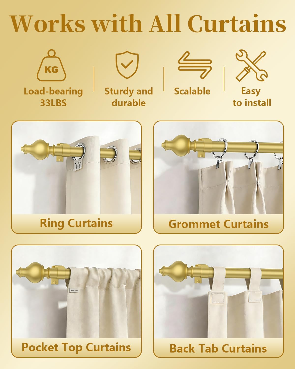 Detalle de Jialexin Wall-Mounted Curtain Rod Set, Gold Metal Rod with 17-Inch Adjustable Section