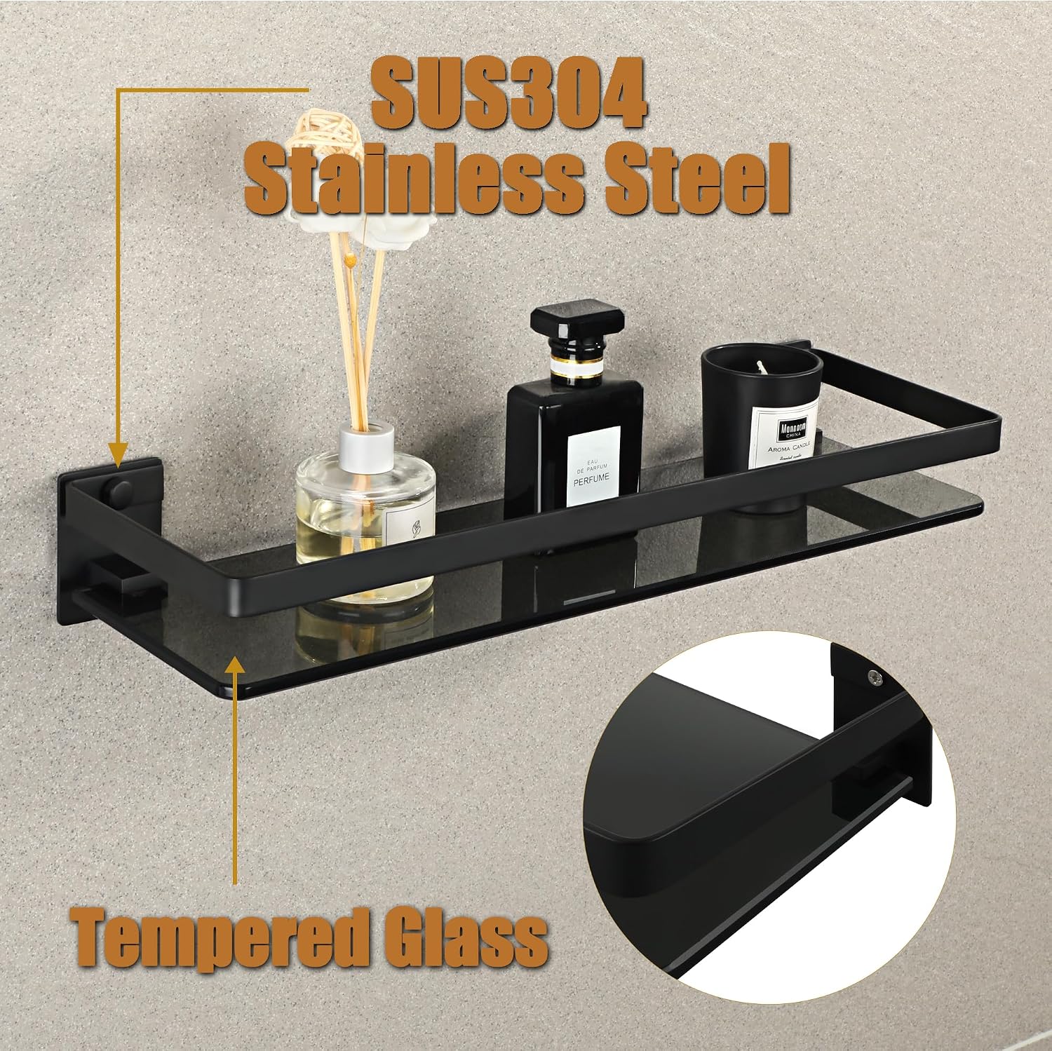Thumbnail 2 de SAYAYO 38cm Black Tempered Glass Bathroom Shelf
