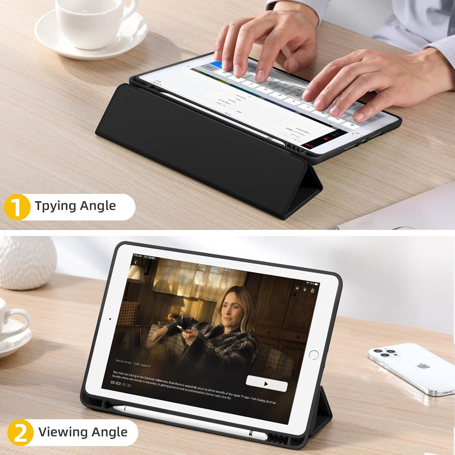 Detalle 2 de Akkerds iPad Case for 10.2-Inch 7th–9th Gen, Black, Pencil Holder & Tri-Fold Stand