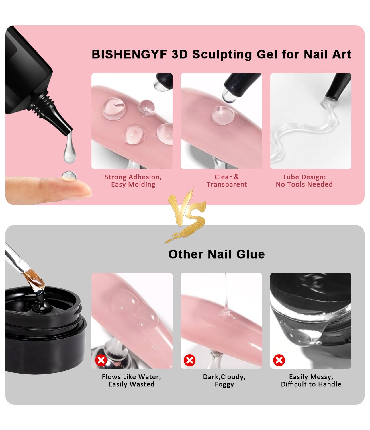 Thumbnail 4 de BISHENGYF Multifunktions 3D Nail Gel (No Wipe) & Laser Pink Chrome Pulver Set – 15 g mit 6x Chrome Nail Powder