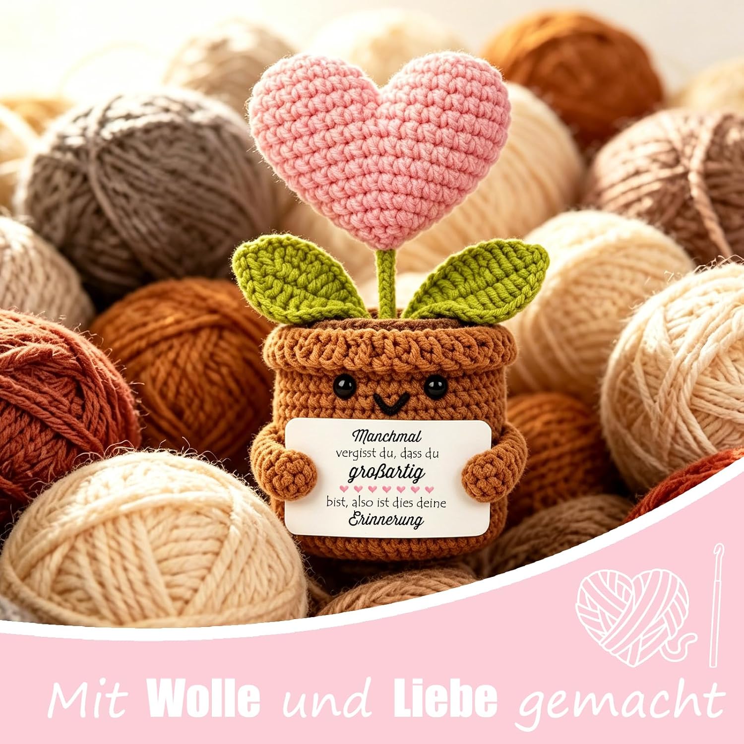Thumbnail 4 de Tixlux Pocket Hug Positive Herzpflanzen-Figur – handgenähte Strickwolle Herzpflanze mit Mini-Glücksbringer