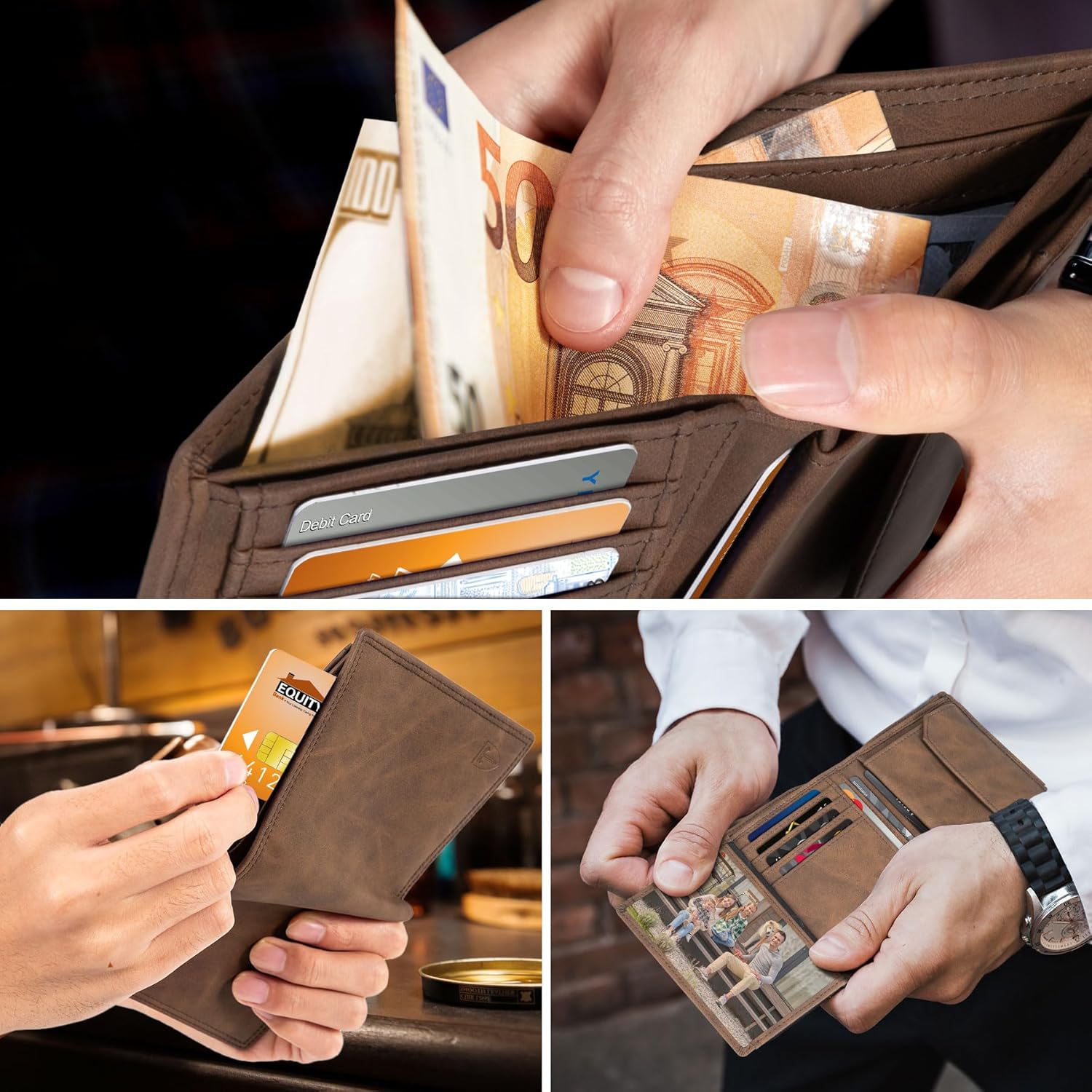 Detalle de TEEHON Portafogli Uomo RFID in Pelle Microfibra Slim con 12 Carte, ID e Finestra Foto – Marrone
