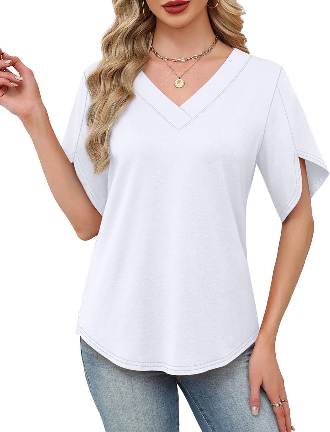 Detalle de WIHOLL Women's Summer Tops: Short Petal Sleeve Shirt with V-Neck
