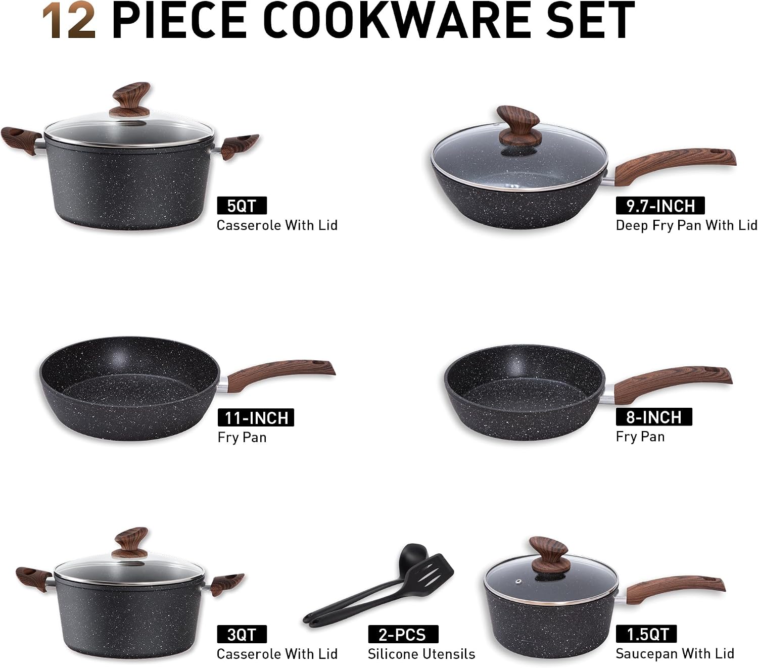 Detalle de Kitchen Academy 12-Piece Non-Stick Cookware Set, Induction Ready, Black
