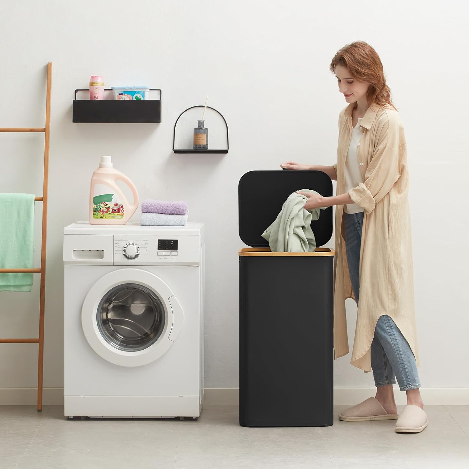 Thumbnail 1 de Lifewit 100L Laundry Basket with Lid, Foldable Hamper with Removable Bag and Bamboo Handles (Black)