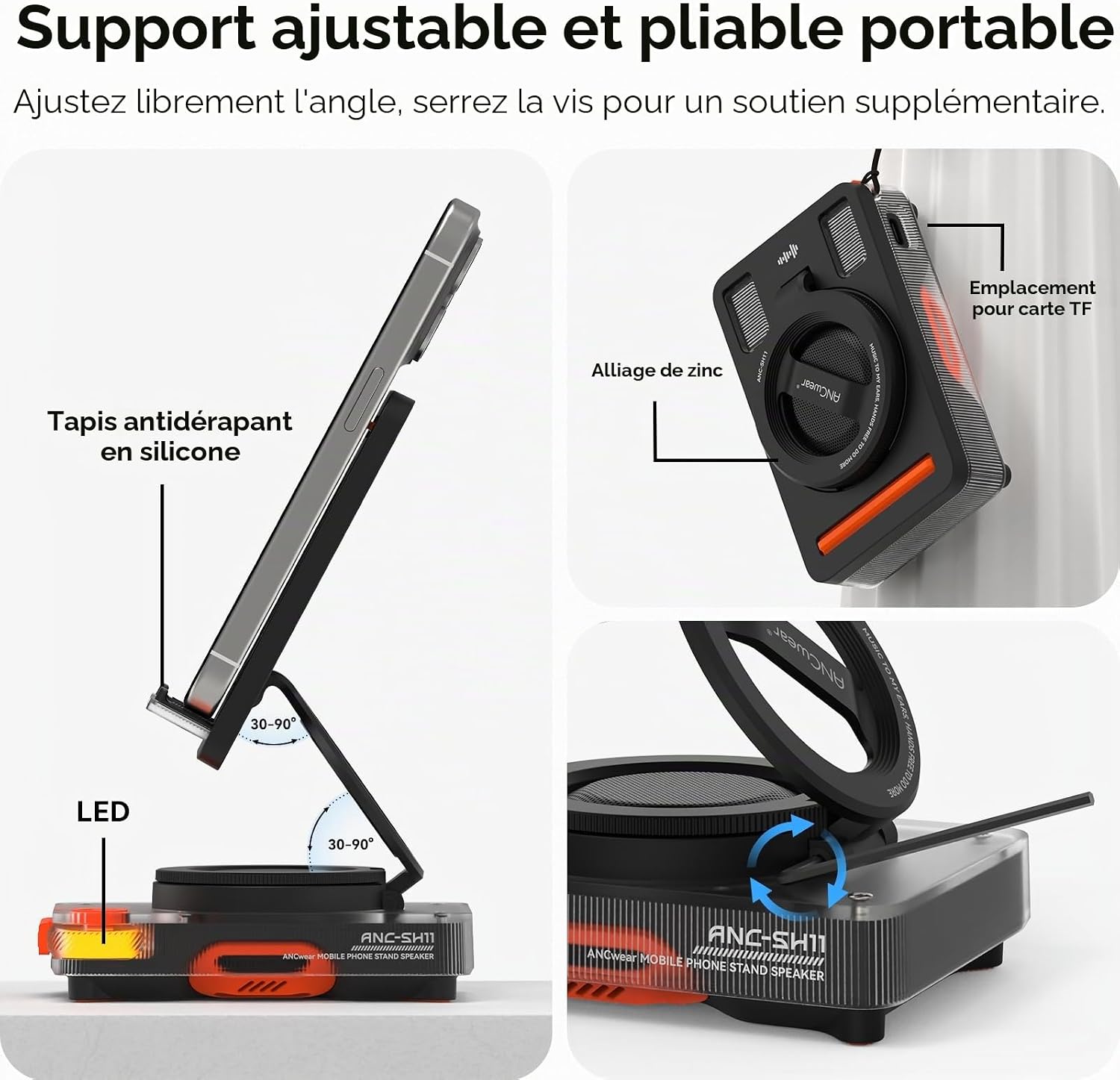 Detalle de ANCwear Support portable pour téléphone et haut-parleur Bluetooth — son HD, design pliable