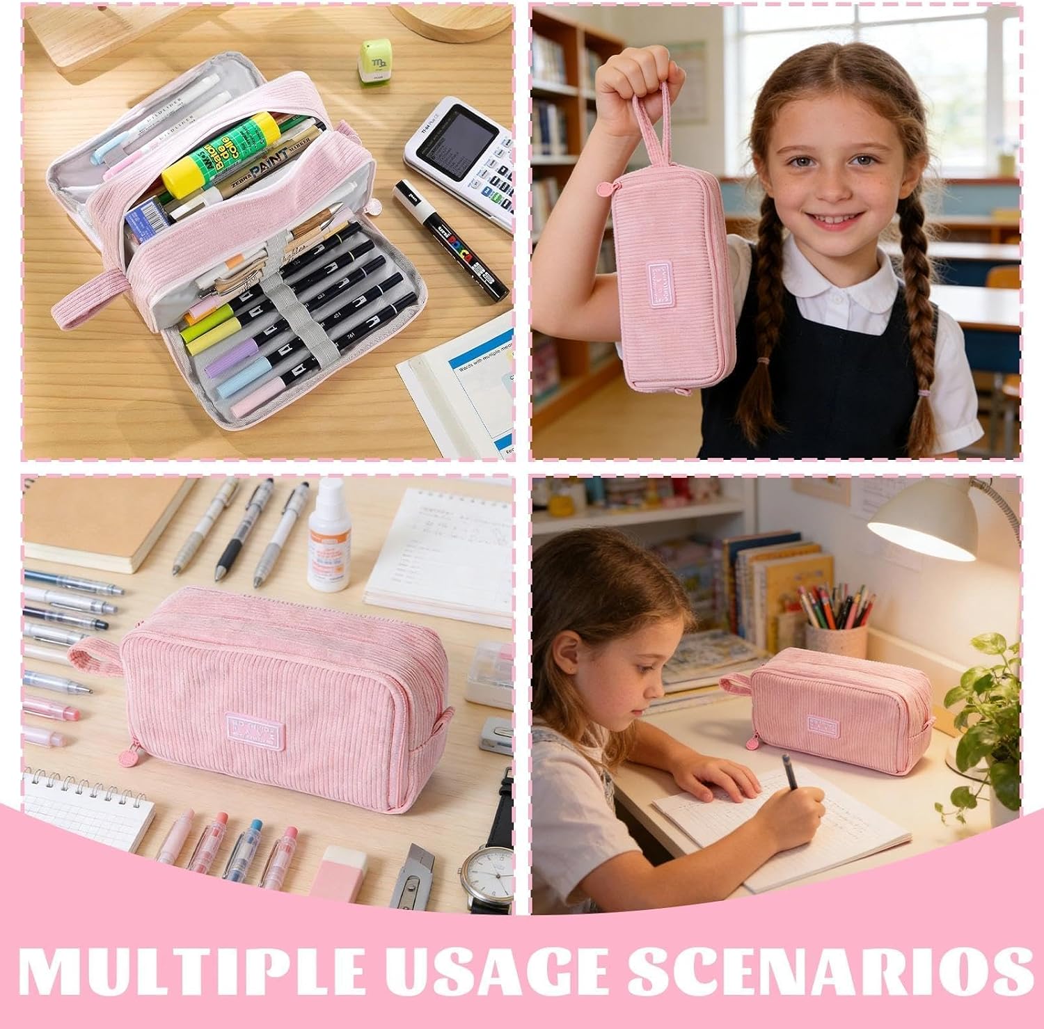 Detalle 2 de Touosy Federmäppchen aus Cord-Stoff – Großes Cord-Mäppchen mit 3 Fächern, Unisex, rosa