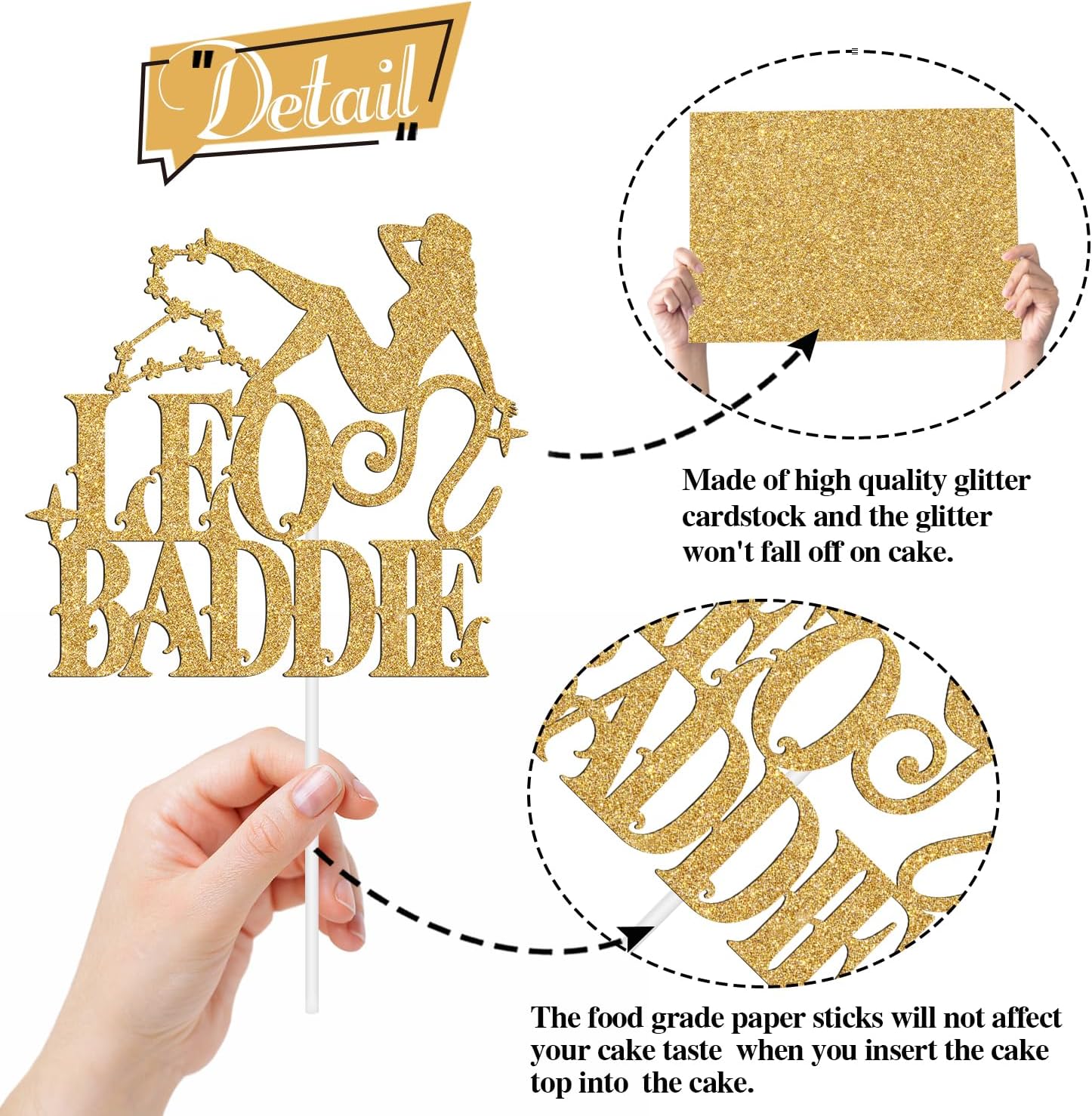 Detalle 2 de RLXPT Leo Baddie Cake Topper, Gold Glitter Zodiac Birthday Décor