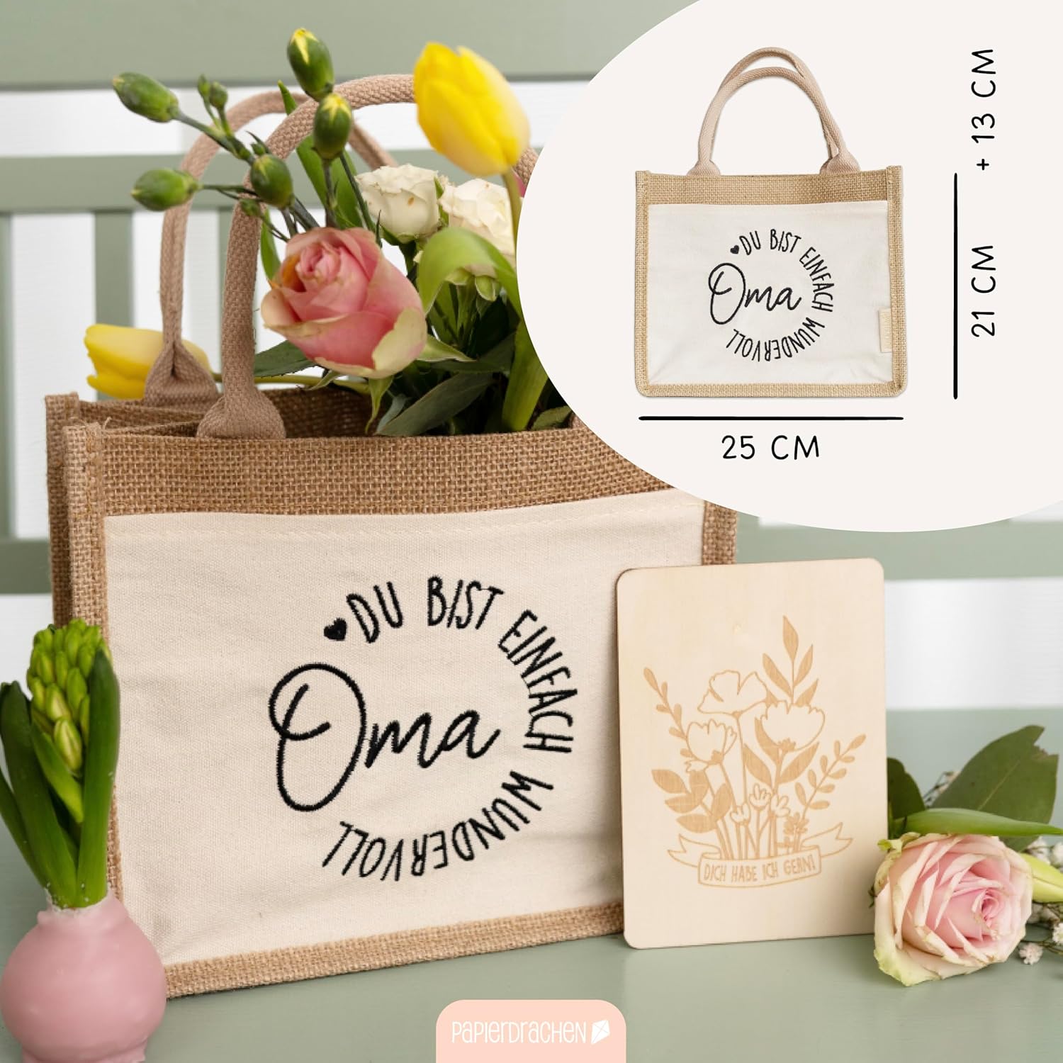 Detalle de Papierdrachen Wundervolles Geschenk für die Oma – Praktische Jutetasche mit Schriftzug