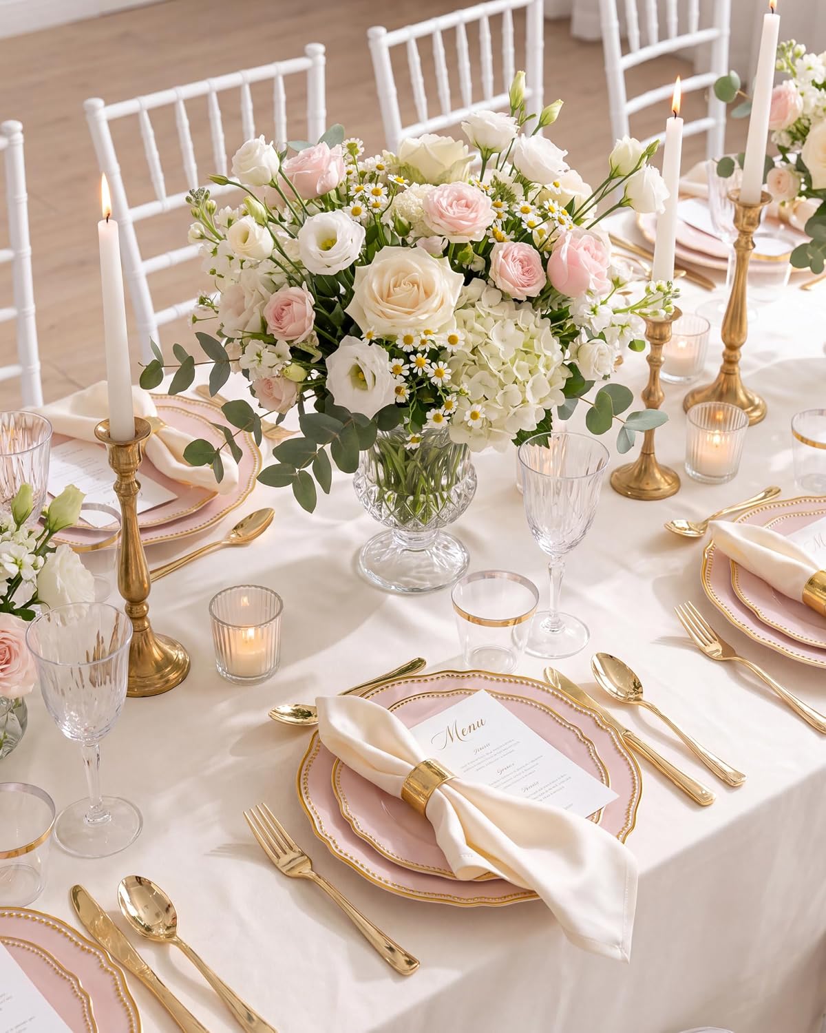 Detalle de Hioasis 350pcs Pink and Gold Plastic Plates Set – Elegant Disposable Dinnerware for 50 Guests