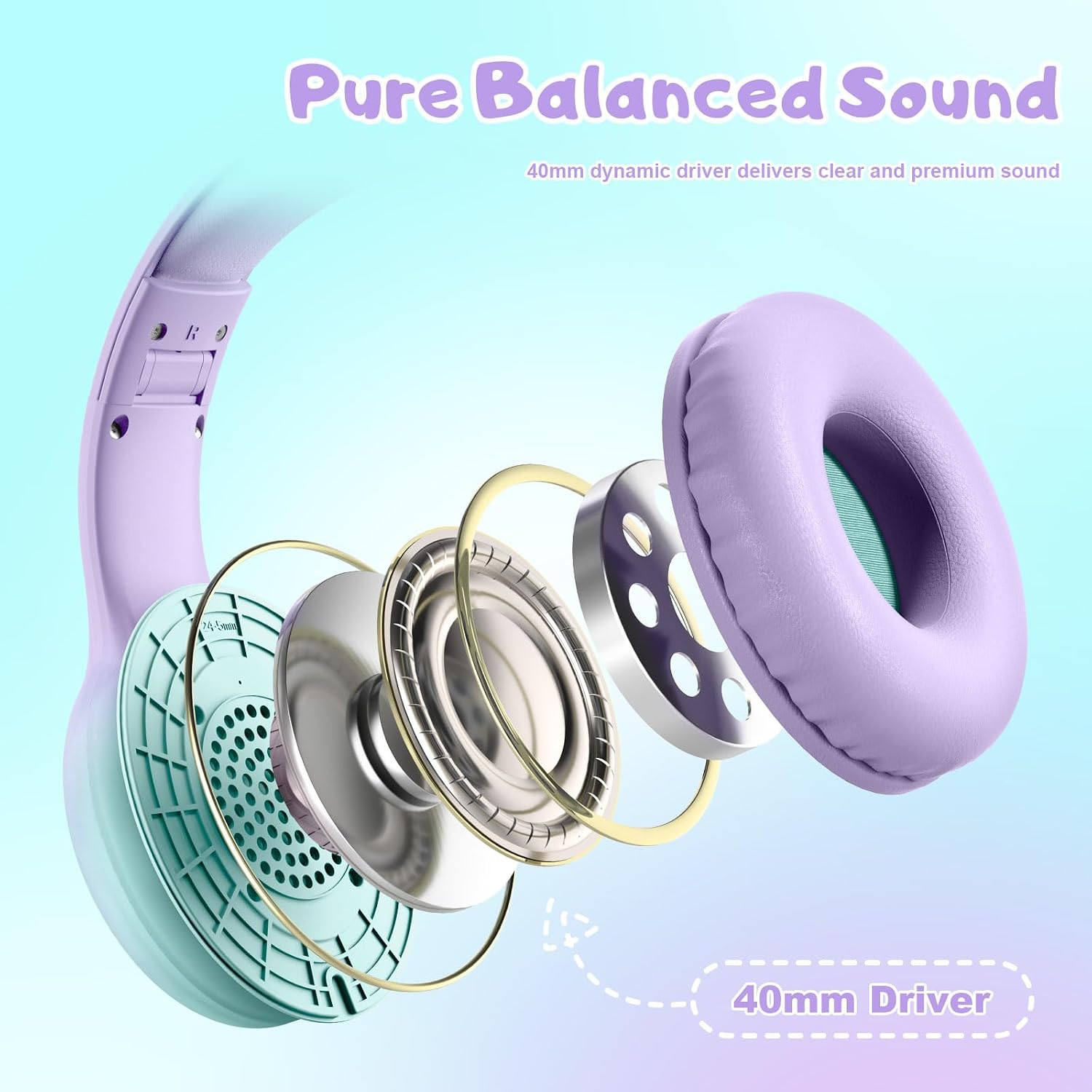 Detalle 2 de Voopwink USB Type-C Kids Headphones KH5 with Microphone — Safe Volume 85/94dB, 40mm Drivers, Durable Nylon Cord, Foldable Over-Ear for School and Travel (Green Violet)