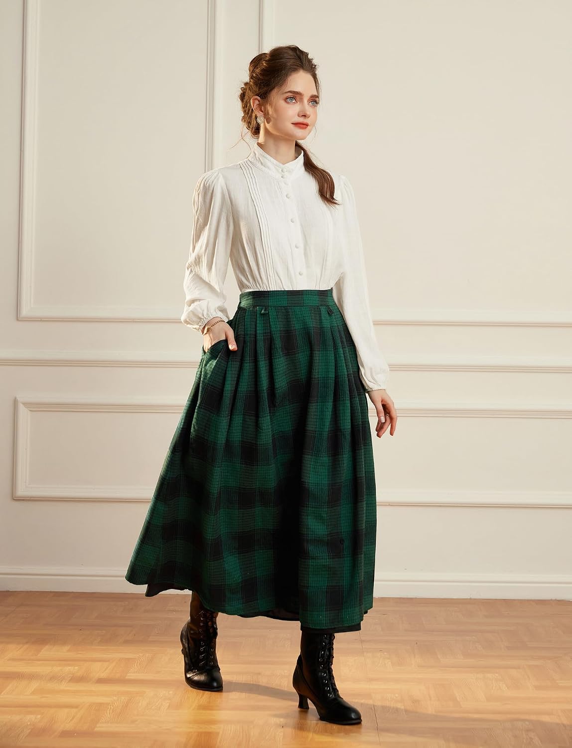 Detalle de SCARLET DARKNESS Jupe médiévale femme à carreaux – longue, taille élastique, motif plaid et boutons (cosplay)