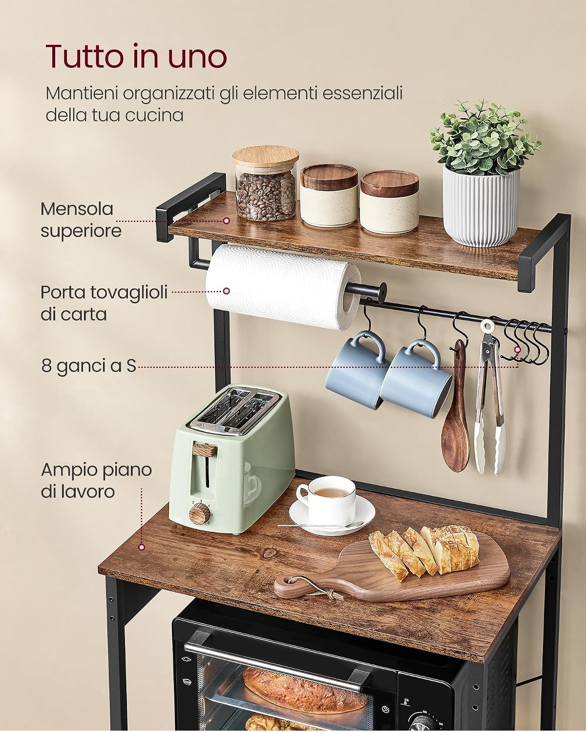 Detalle 2 de VASAGLE KKS013KD02 Scaffale da cucina con multipresa, 4 ripiani e 8 ganci a S (40 x 45 x 140 cm)