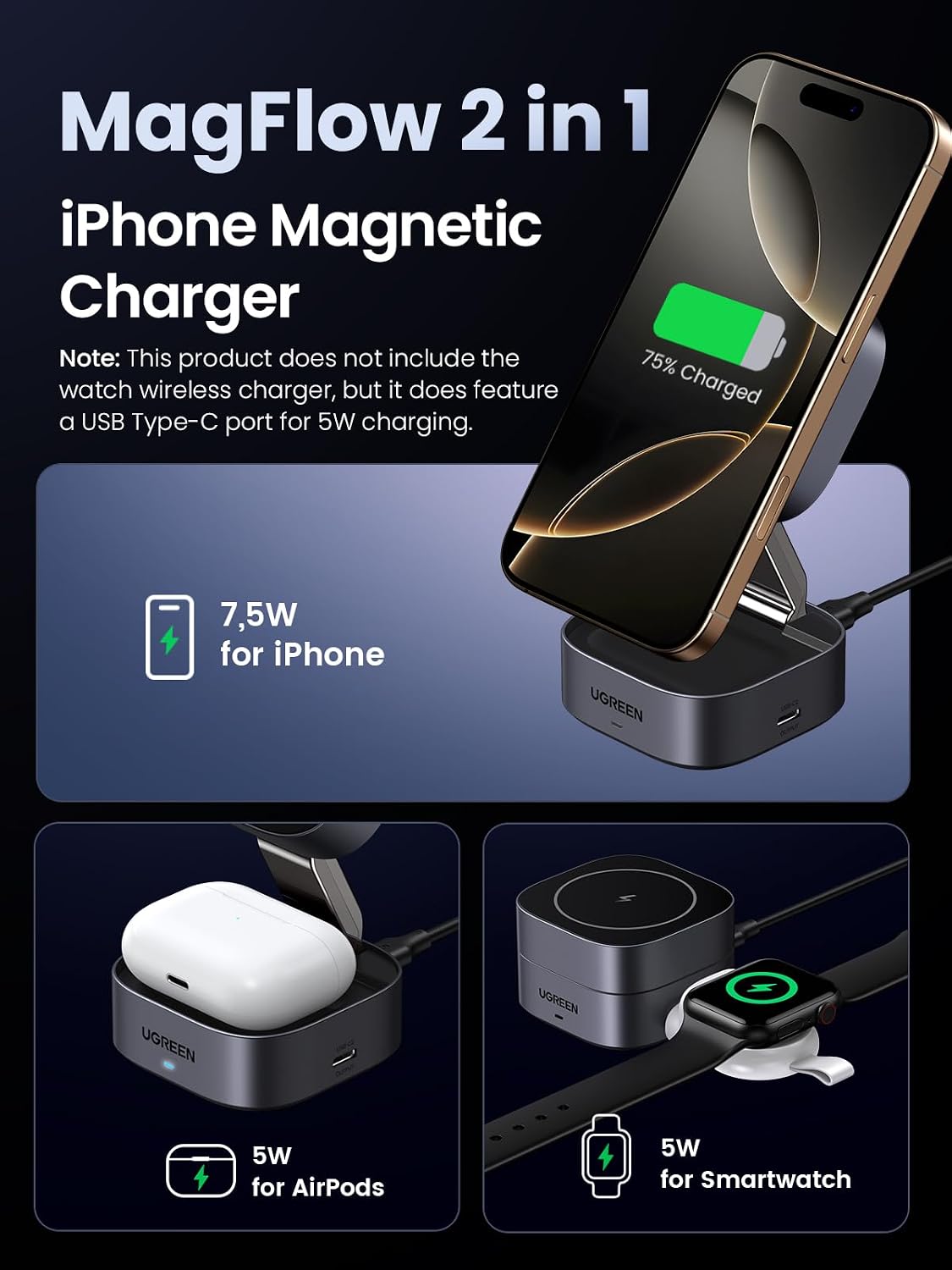Detalle 2 de UGREEN MagFlow MagSafe 2‑in‑1 Wireless Charger Stand