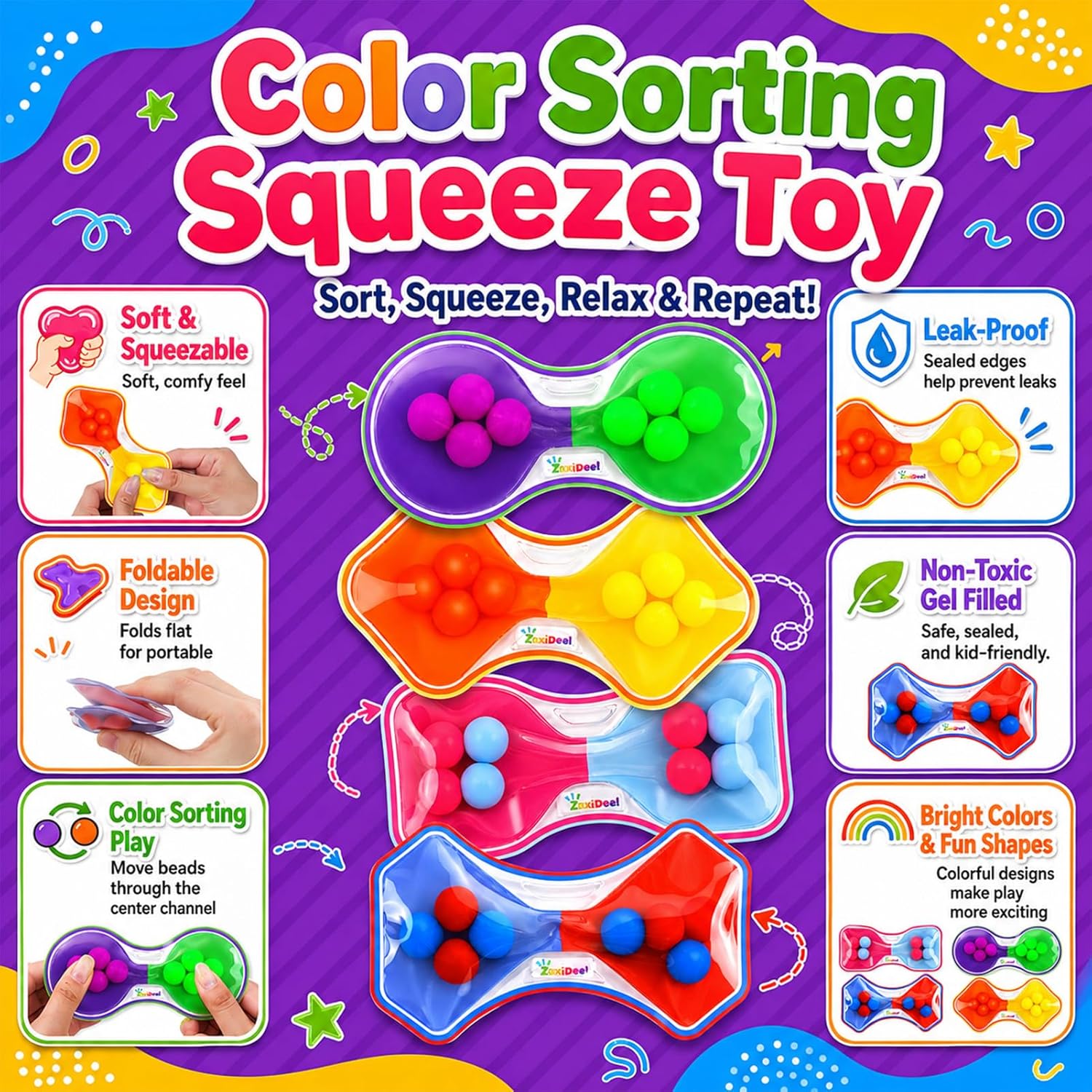Detalle de Sensory Fidget Toys for Kids (Toddler) — 4-Pack Quiet Squeeze Color Sorting Travel Toys
