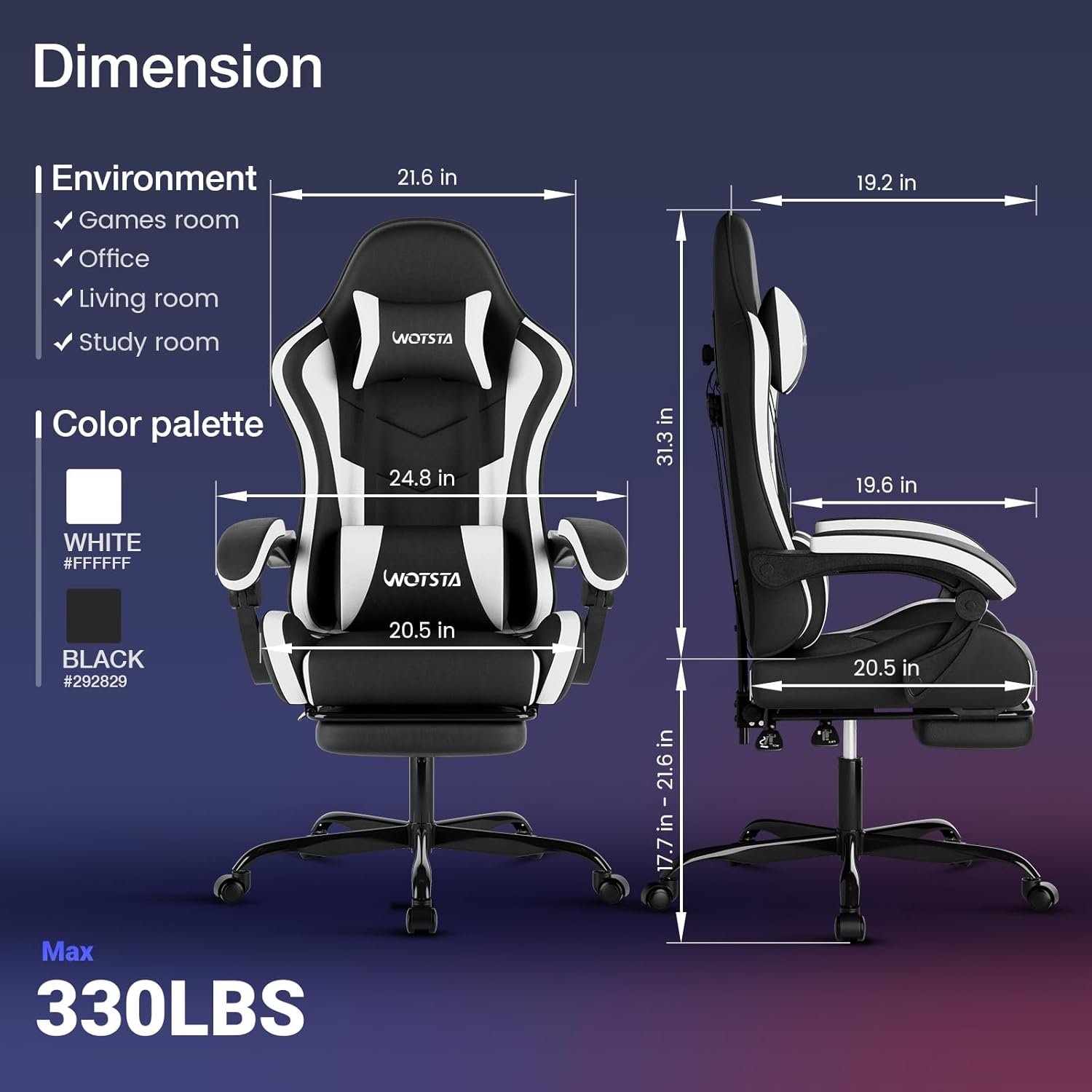Thumbnail 2 de WOTSTA Gaming Chair with Footrest – ergonomic office or gaming chair with lumbar support, headrest and 135° recline