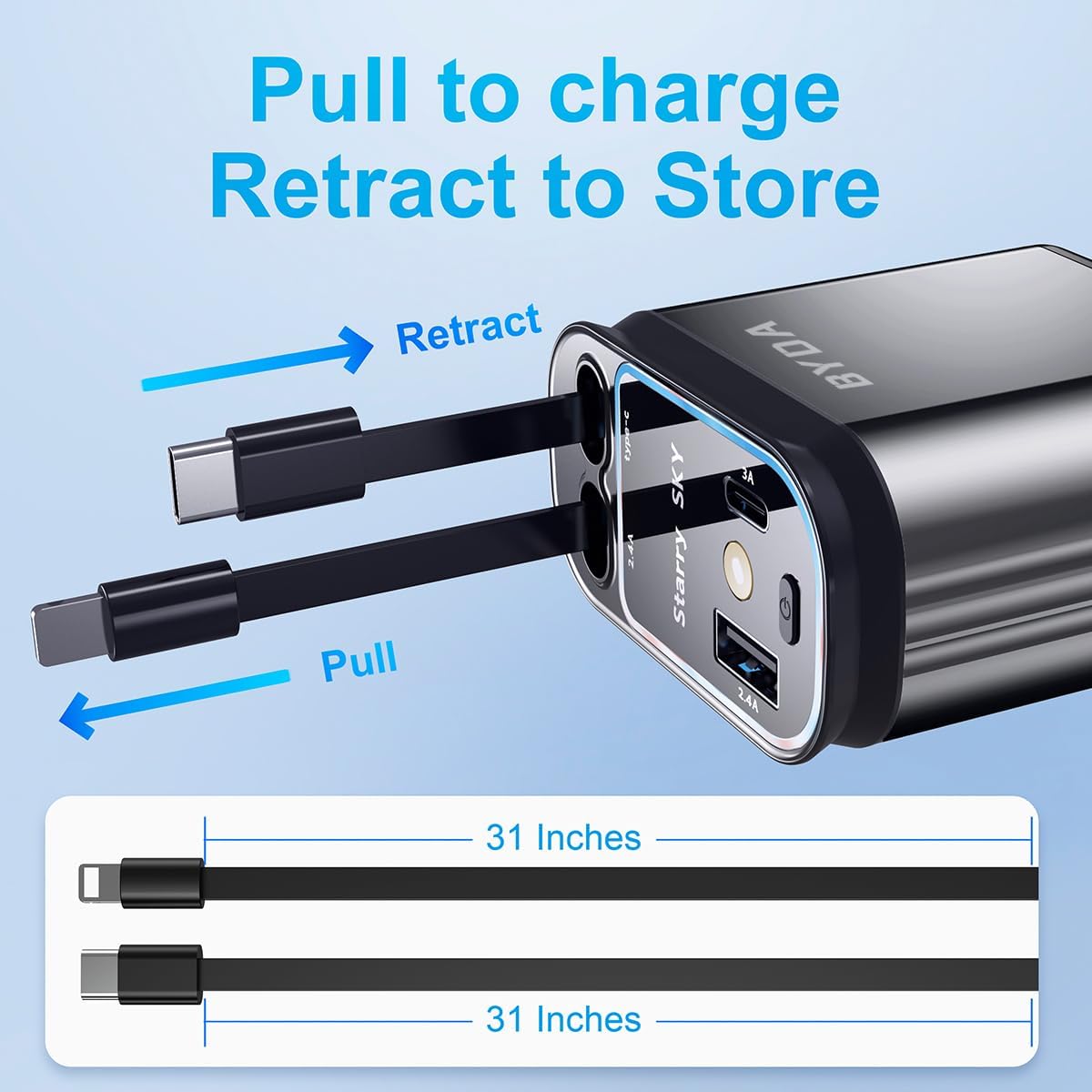Thumbnail 3 de BYDA 70W 4-in-1 einziehbares Kfz-Ladegerät – Schnellladung für iPhone 16/15/14/13/12 und USB-C/USB-A (69 W Gesamt, 180° Verstellbarer Stecker, Schwarz, Lightning+USB-C, Purple Light)