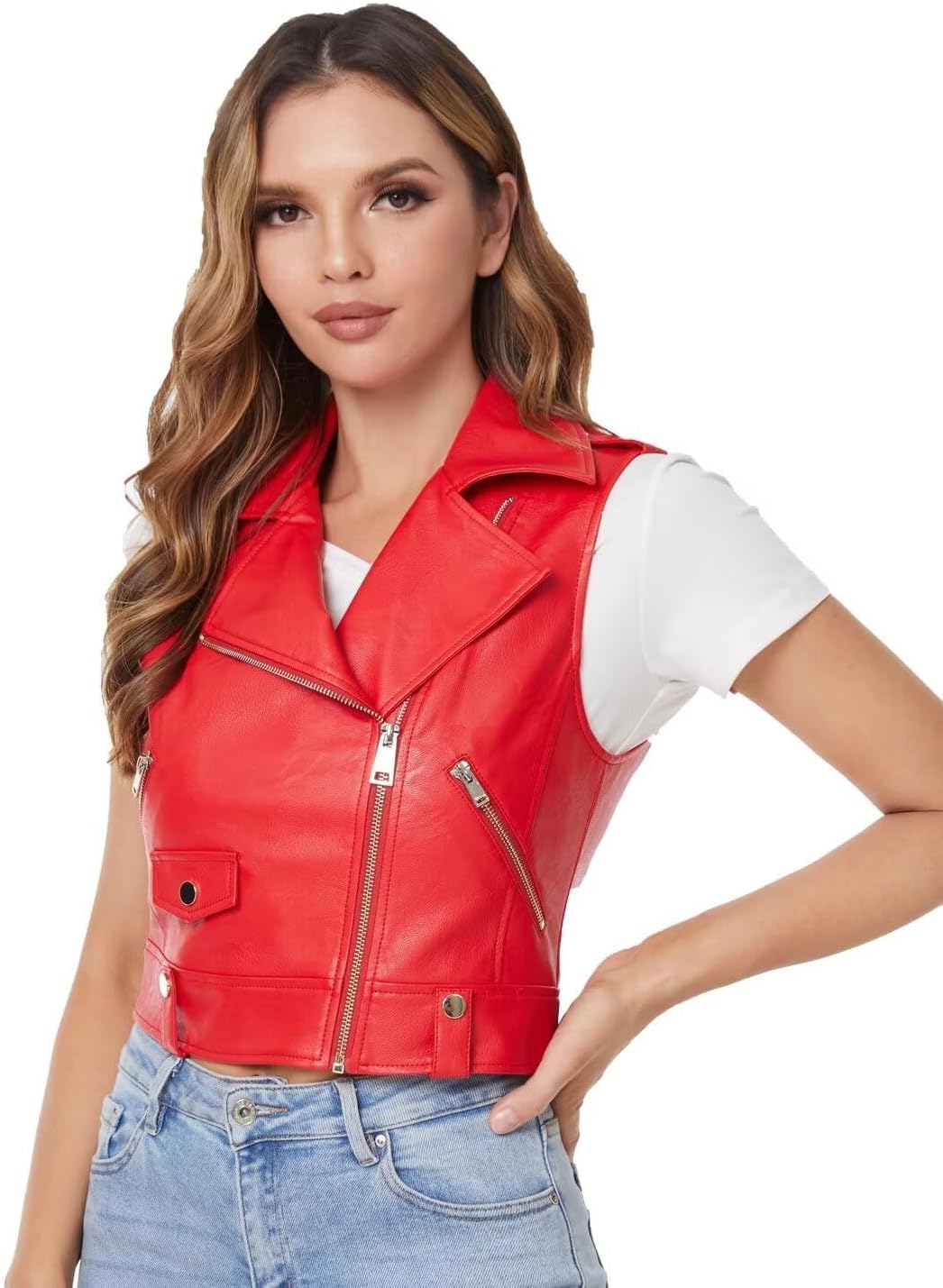 Thumbnail 6 de DIASHINY faux leather moto waistcoat for women with lapel and zip pockets