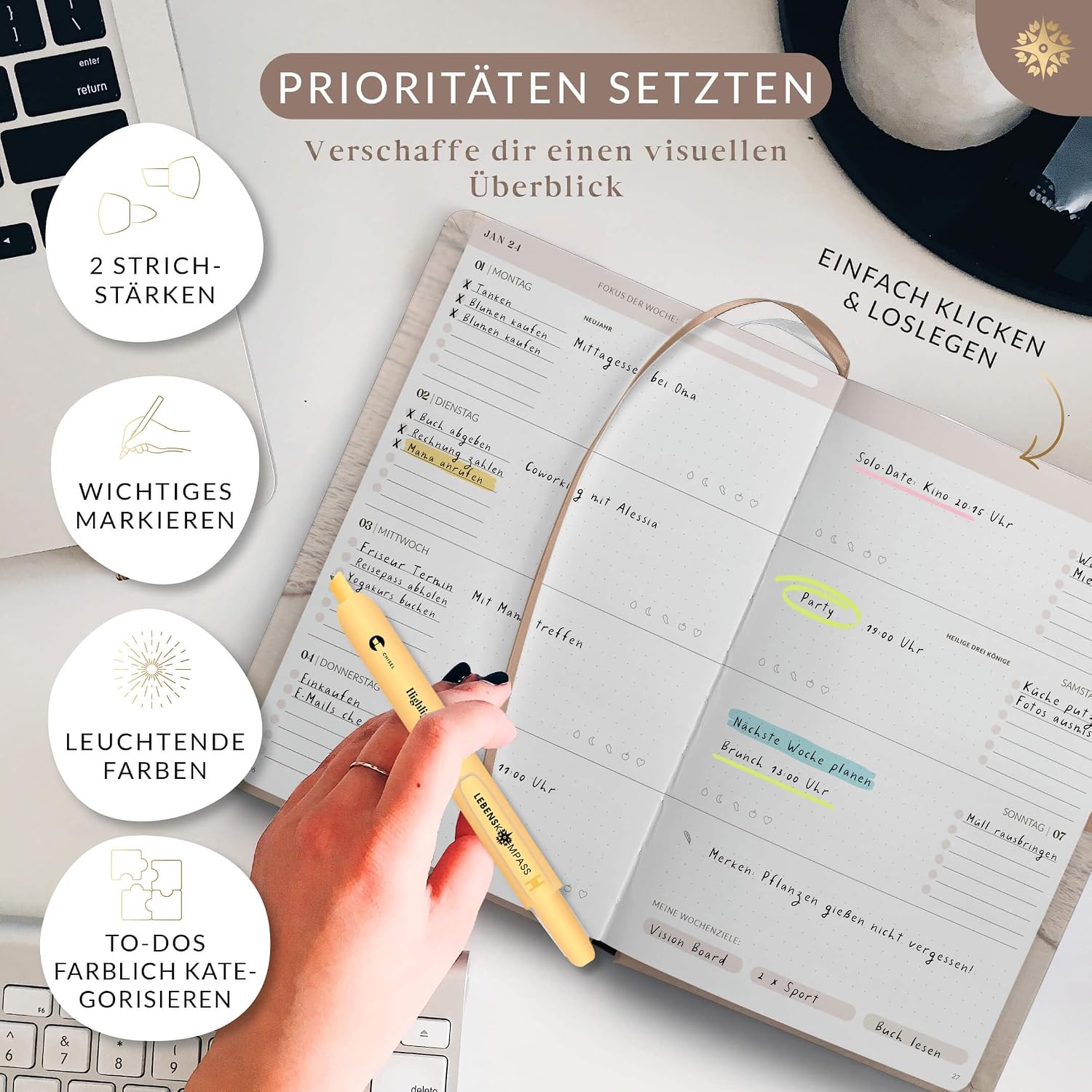 Detalle 2 de LEBENSKOMPASS Textmarker Set mit Klick-Technologie – 6 Pastell-Highlighter für Schule, Uni, Büro