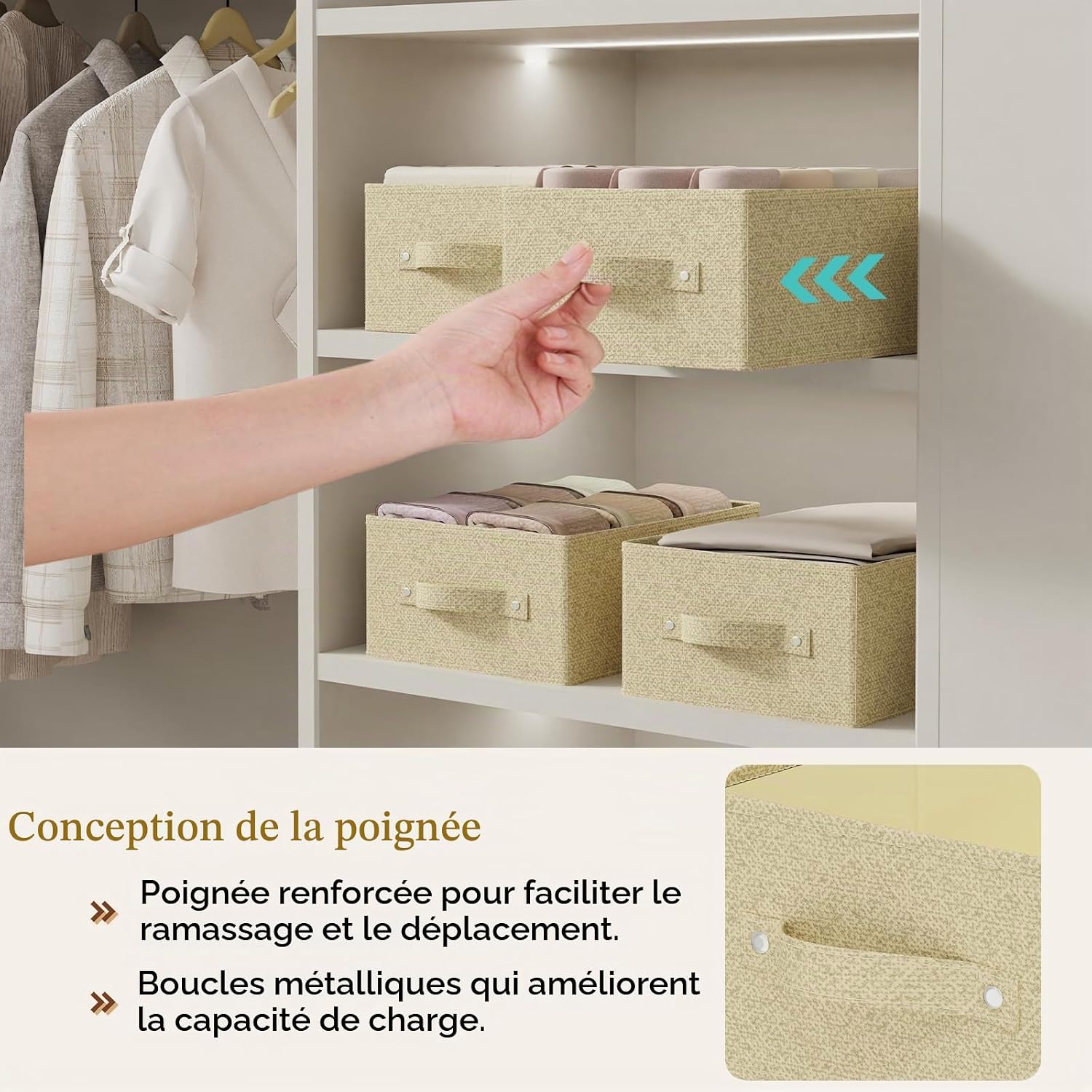 Detalle 2 de ENUMAIL EN103BEGS-3 stoffen opbergmanden met handgrepen, grijs/beige, 3 stuks