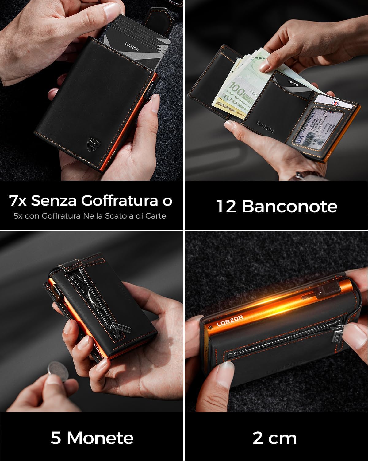 Thumbnail 3 de LORZOR portafoglio uomo slim in vera pelle con RFID e porta monete pop-up (contenere 10 carte) con chiusura magnetica