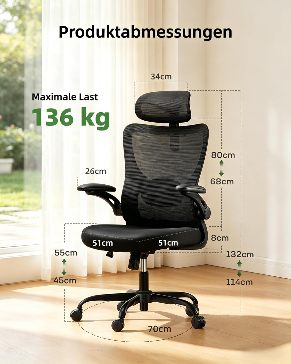 Detalle de Marsail ergonomischer Bürostuhl mit verstellbarer Lordosenstütze, Kopfstütze und 2D-Armlehnen (schwarz)