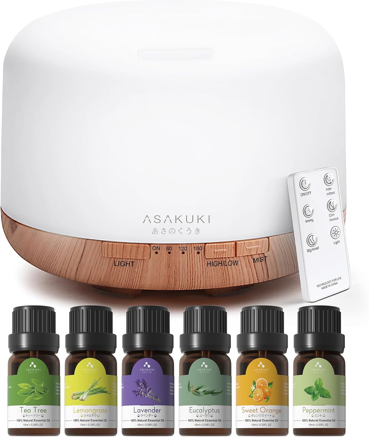 Detalle de ASAKUKI Aroma Diffuser 500 ml mit Timer, 6 ätherischen Ölen & LED-Lichtfarben