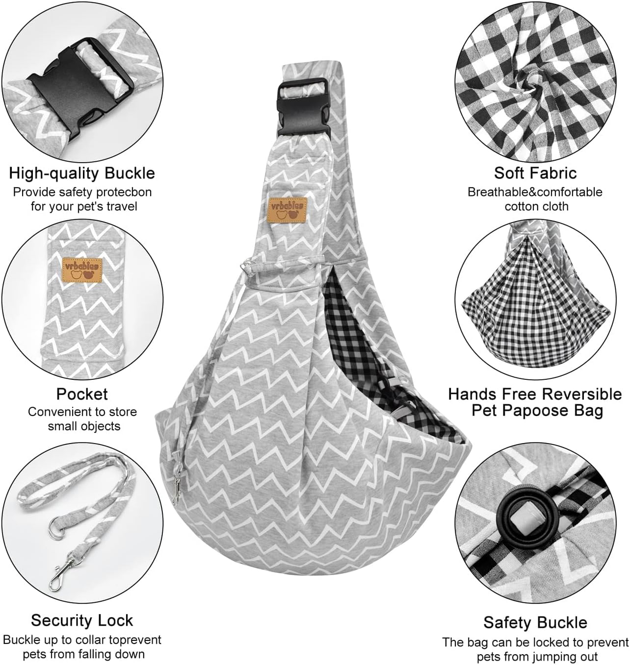 Detalle de Vrbabies Dog Carrier for Small Dogs – Striped Grey, Adjustable Puppy Sling Carrier