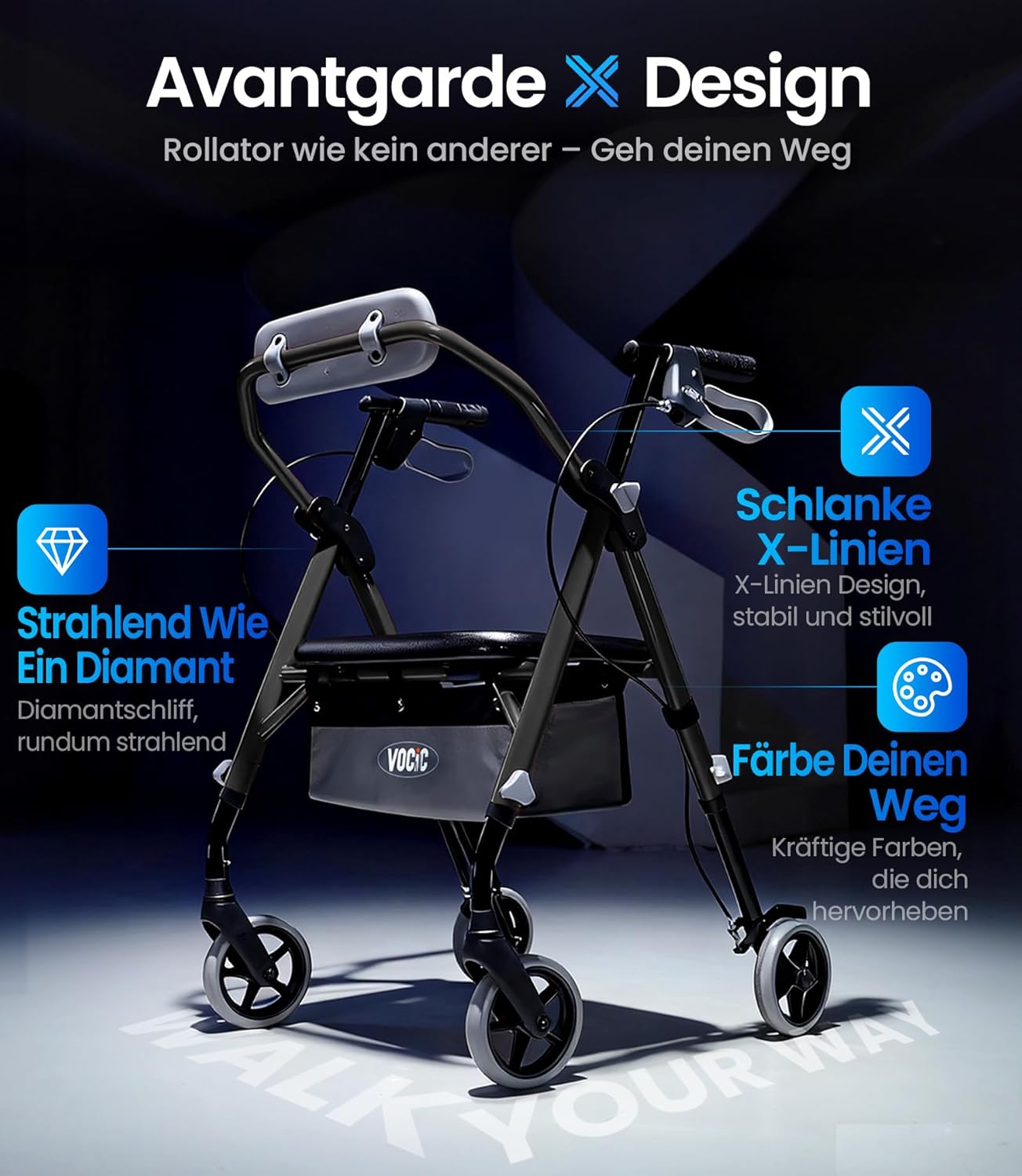 Detalle de VOCIC Z11 Rollator – faltbar, leicht und stabil mit Sitz (Tragkraft 172 kg)