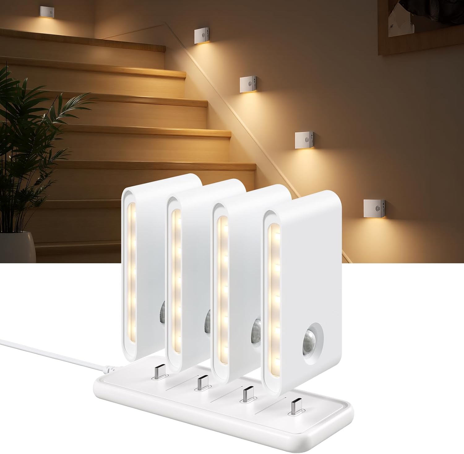 Detalle de EZVALO NL01-Non-linked Motion Sensor Night Lights, 4-Pack, 1500mAh, 3000K