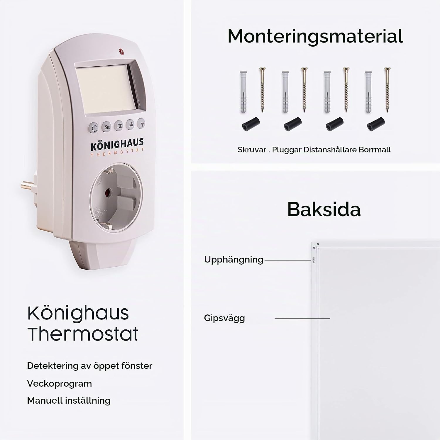 Detalle de Könighaus infravärmare med eget motiv, 1000 W, vit ram och termostat