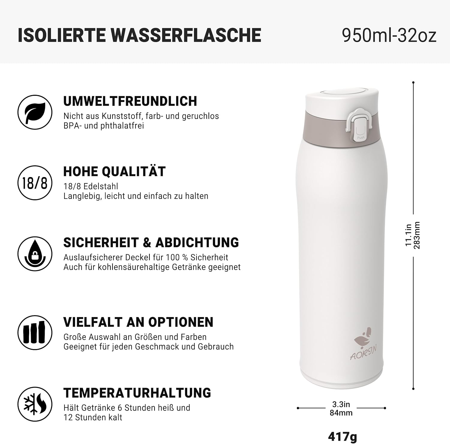 Thumbnail 2 de AORIN Trinkflasche aus Edelstahl 18/8 (950 ml) – auslaufsichere Thermoskanne mit Doppelwandig & 2 Deckeln