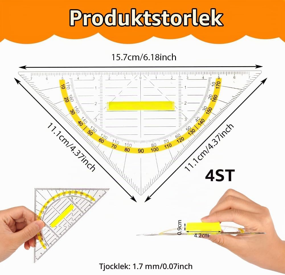 Detalle de Vicloon geometriset 16 cm, 4 triangellinjaler i plast med handtag
