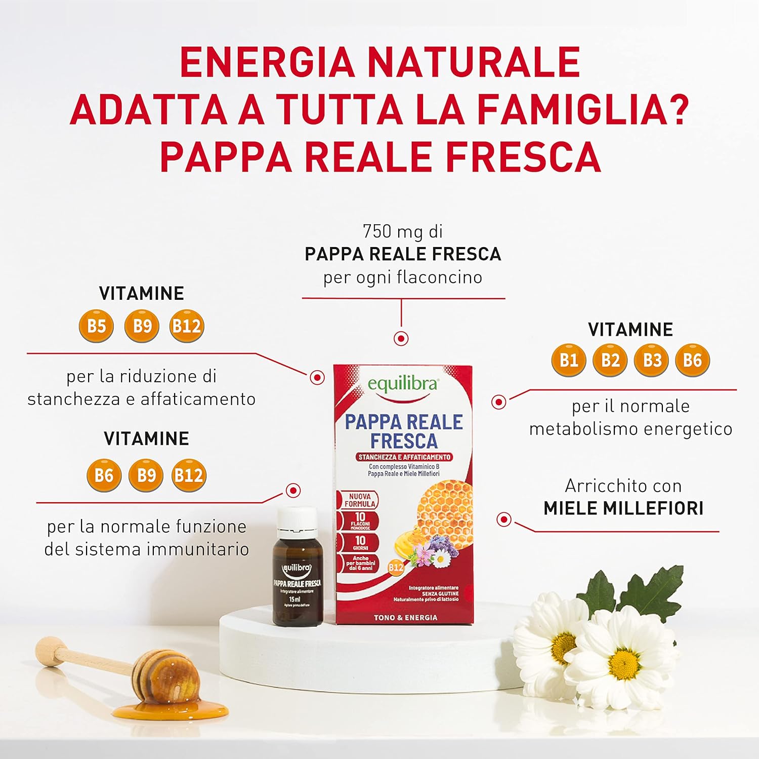 Detalle de Equilibra Pappa Reale Fresca con vitamine del gruppo B e miele Millefiori – 3 confezioni da 10 flaconcini