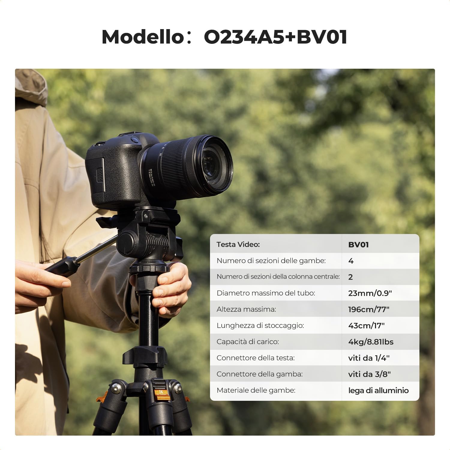 Detalle 2 de K&F Concept Treppiede Fotocamera 196 cm con Testa BV01 a 3 Vie – Supporto DSLR/Smartphone