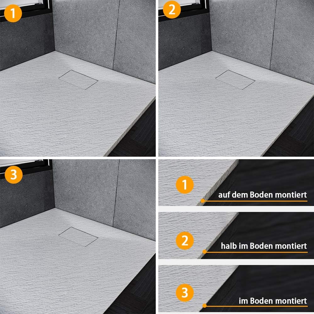 Detalle de SONNI Duschwanne 80x80 cm – Schieferoptik, rutschfest, Slimline 30 mm mit verstecktem Ablauf