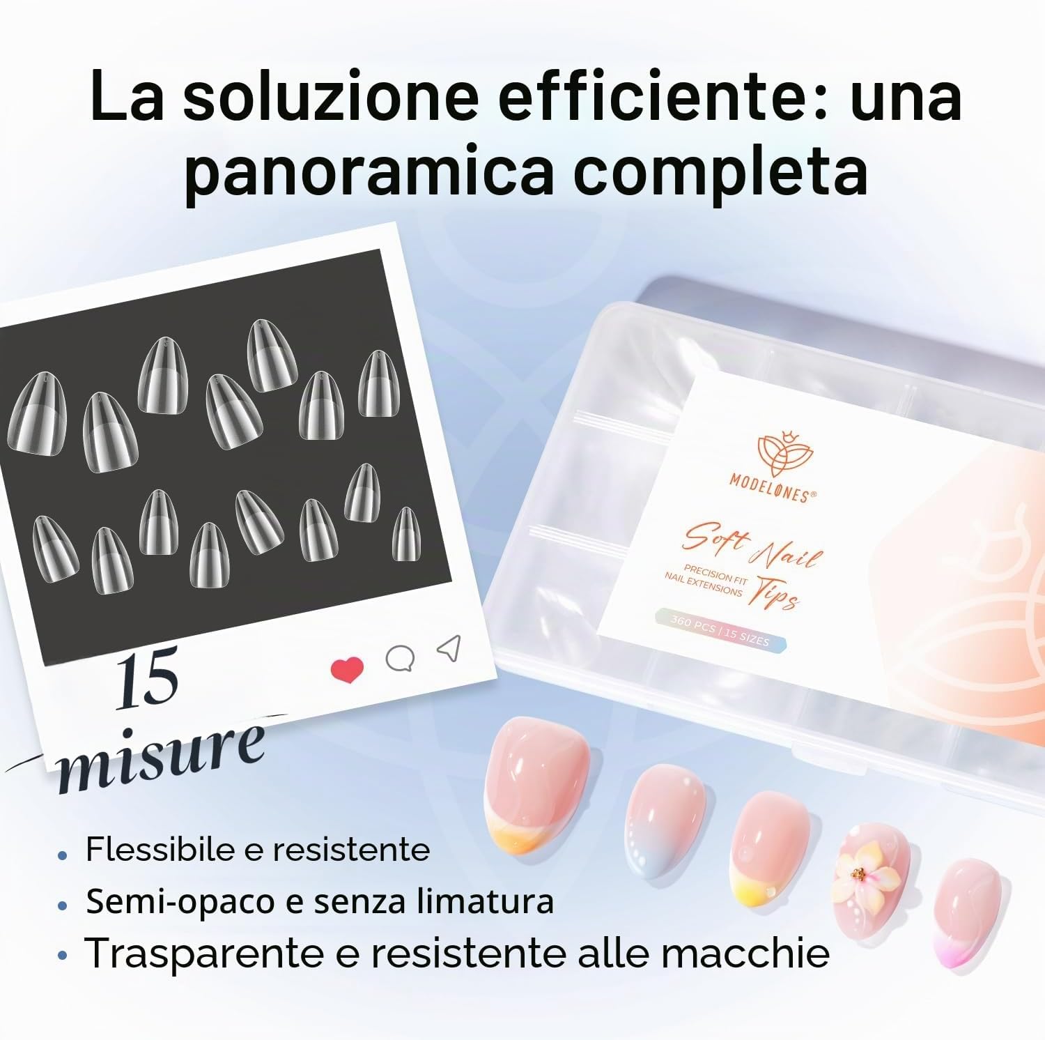 Detalle de Modelones 360 Pezzi Unghie Finte in Gel - 15 Misure, Copertura Completa, Mandorla Corta XS (Semi Matte) per Manicure Professionale o DIY