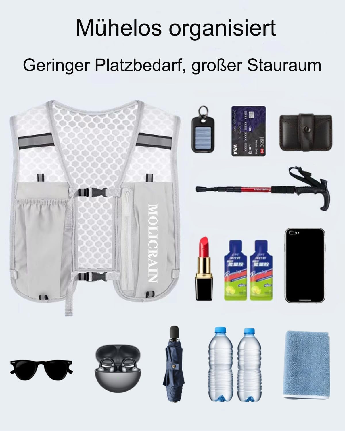 Detalle de MOLICRAIN Verstellbare Laufweste — Leichter 5-Liter-Trinkrucksack mit reflektierenden Streifen