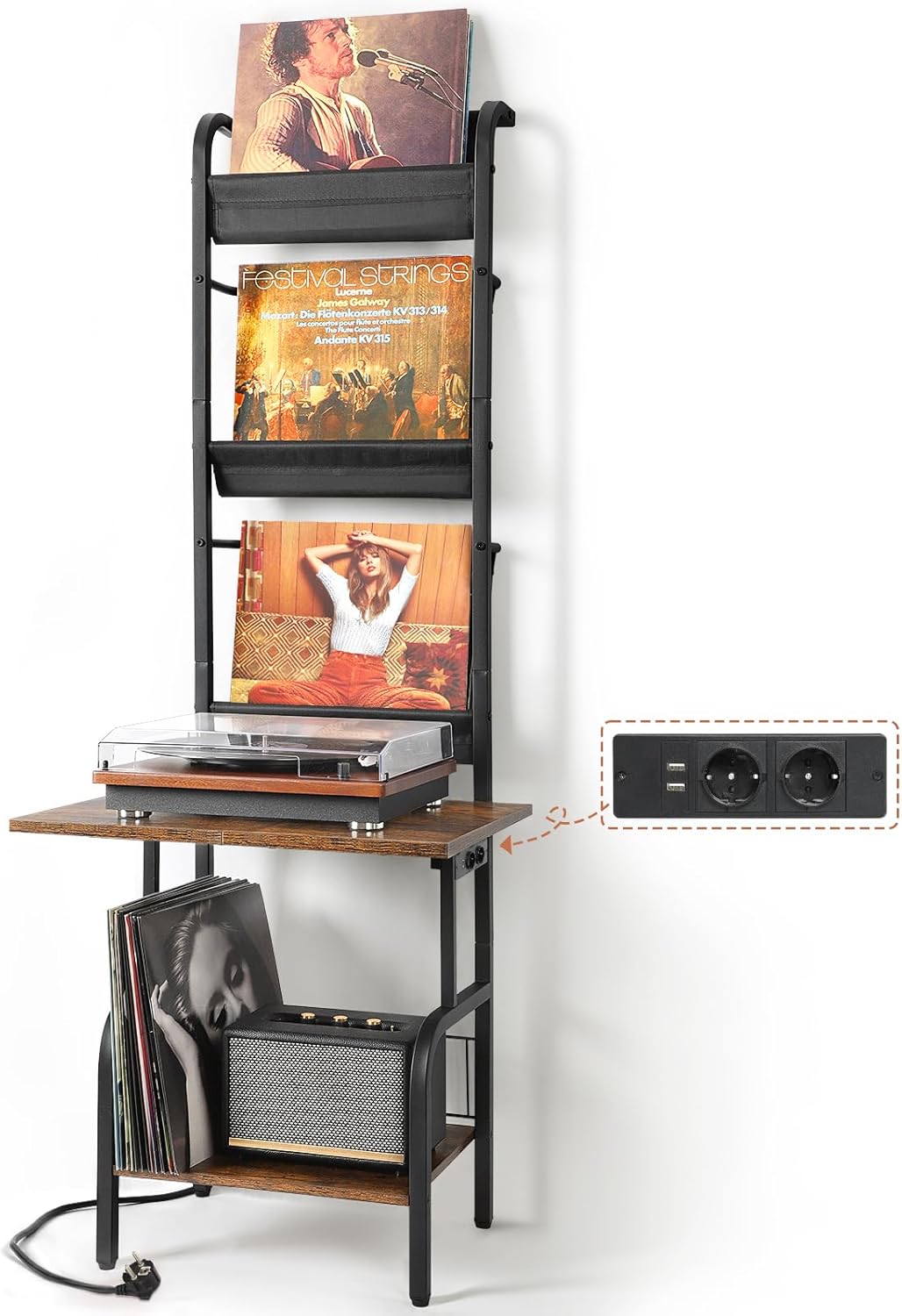 Detalle de Bikoney Supporto giradischi con presa di corrente e ripiani per vinili fino a 200 album