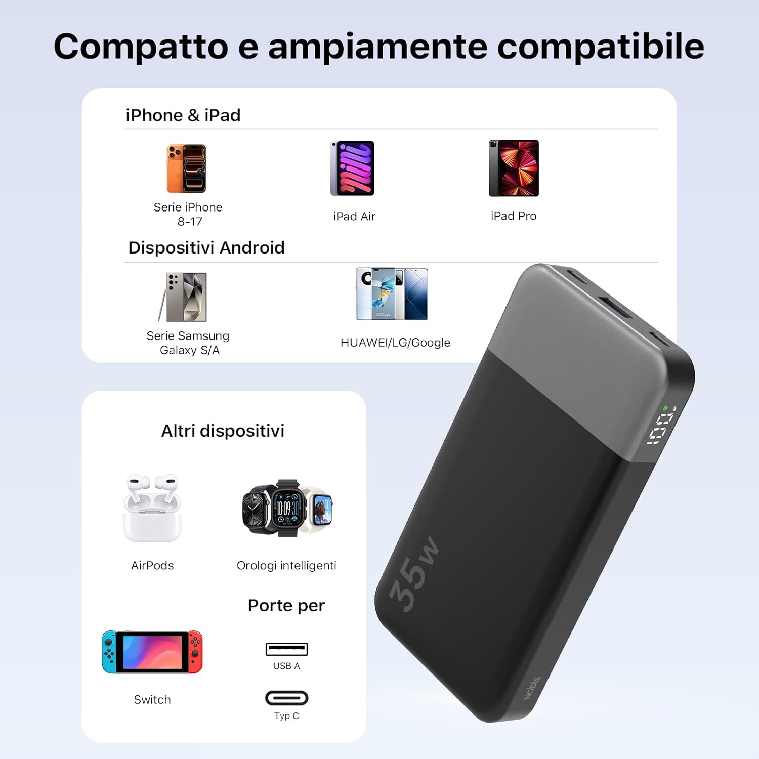 Thumbnail 5 de NOBIS Power Bank 35W portatile da 10.000 mAh con ricarica rapida 2 USB-C & USB-A e display digitale