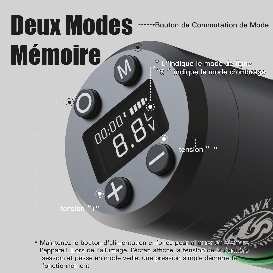 Detalle de Kit de machine à tatouer rotative sans fil Dragonhawk (batterie 1500 mAh, 20 aiguilles)