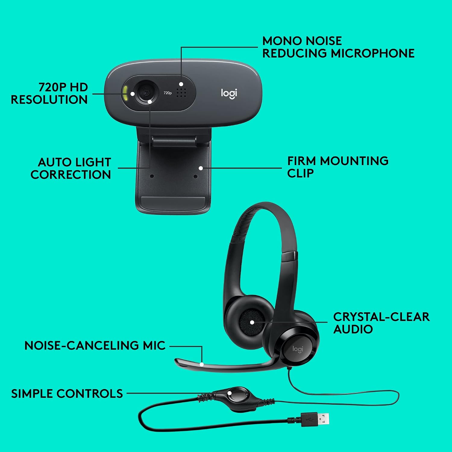 Detalle de Logitech C270 HD Webcam and Logitech H390 USB Headset bundle (Black)
