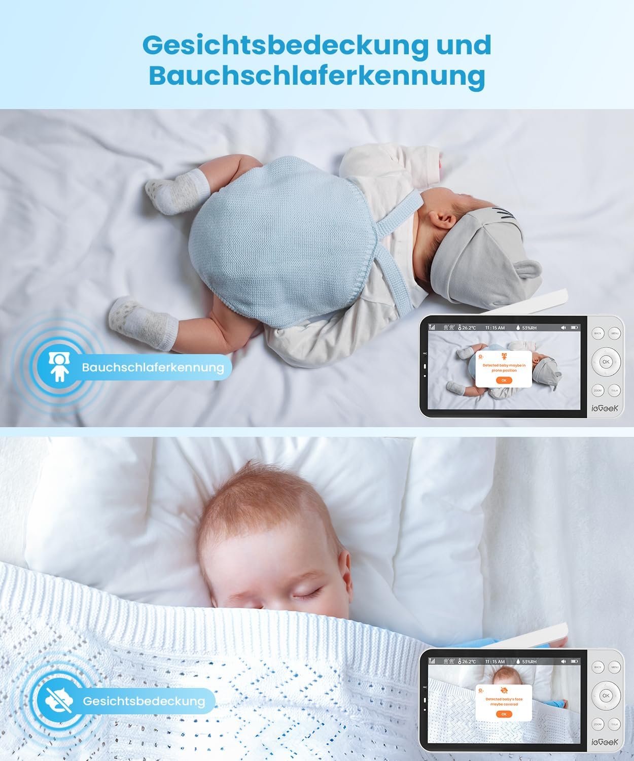 Detalle de ieGeek Babyphone mit 2 Kameras (2,5K/4MP) WLAN, App, 360°-PTZ & AI-Erkennung