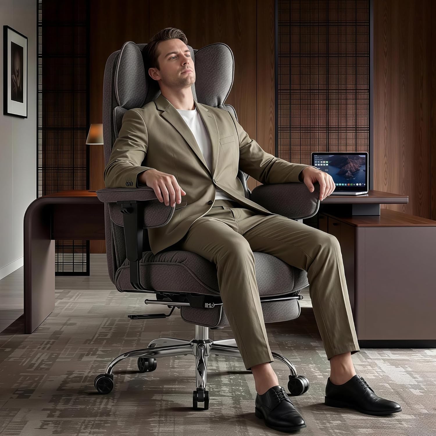 Thumbnail 3 de Efomao Big and Tall Fabric Executive Office Chair with Footrest – breathable reclining ergonomic desk chair