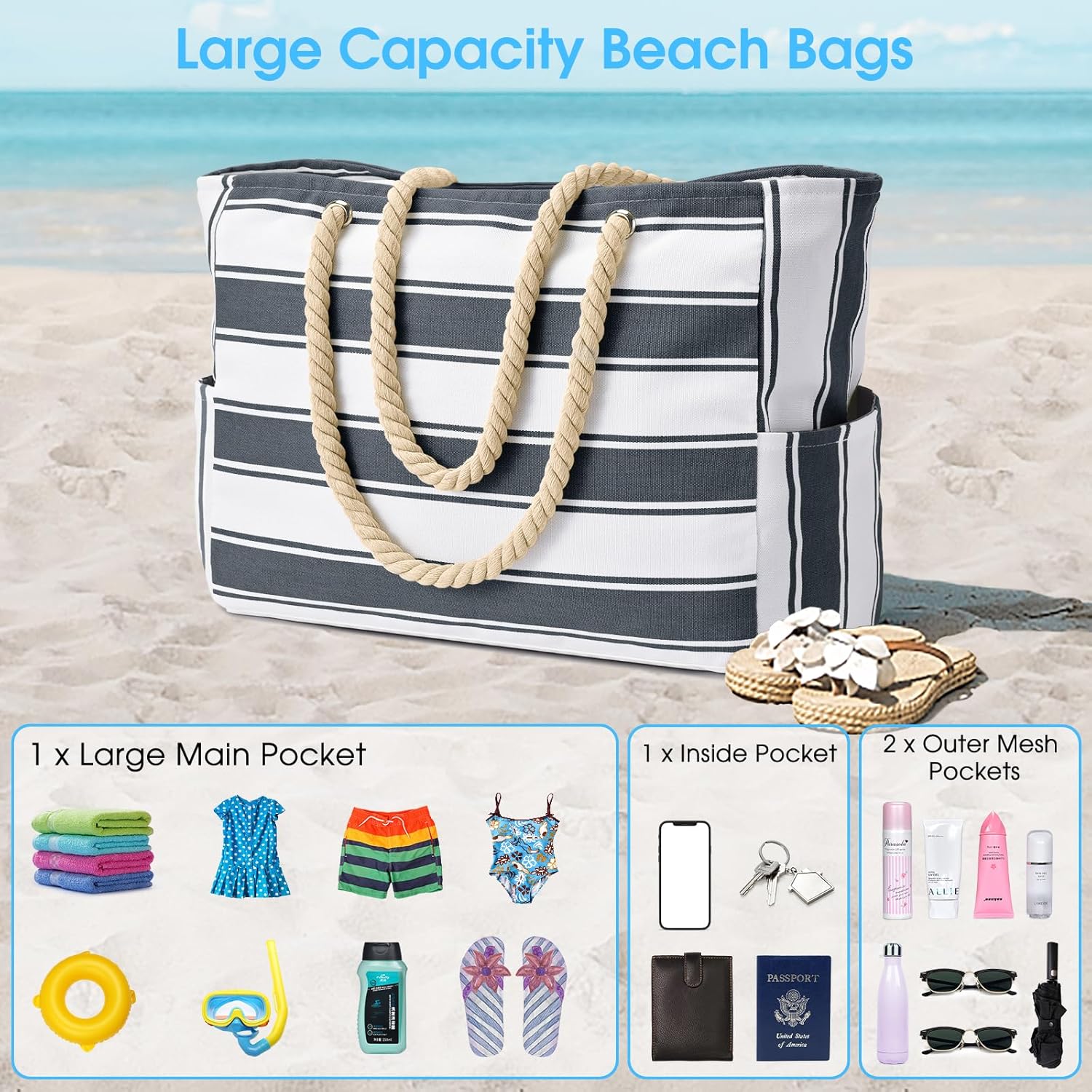 Thumbnail 4 de oscaurt XXL Strandtasche/Familien-Badetuchtasche „Strandtasche Badetasche“ – wasserdicht, faltbar, mit Nass-/Trocken-Fach