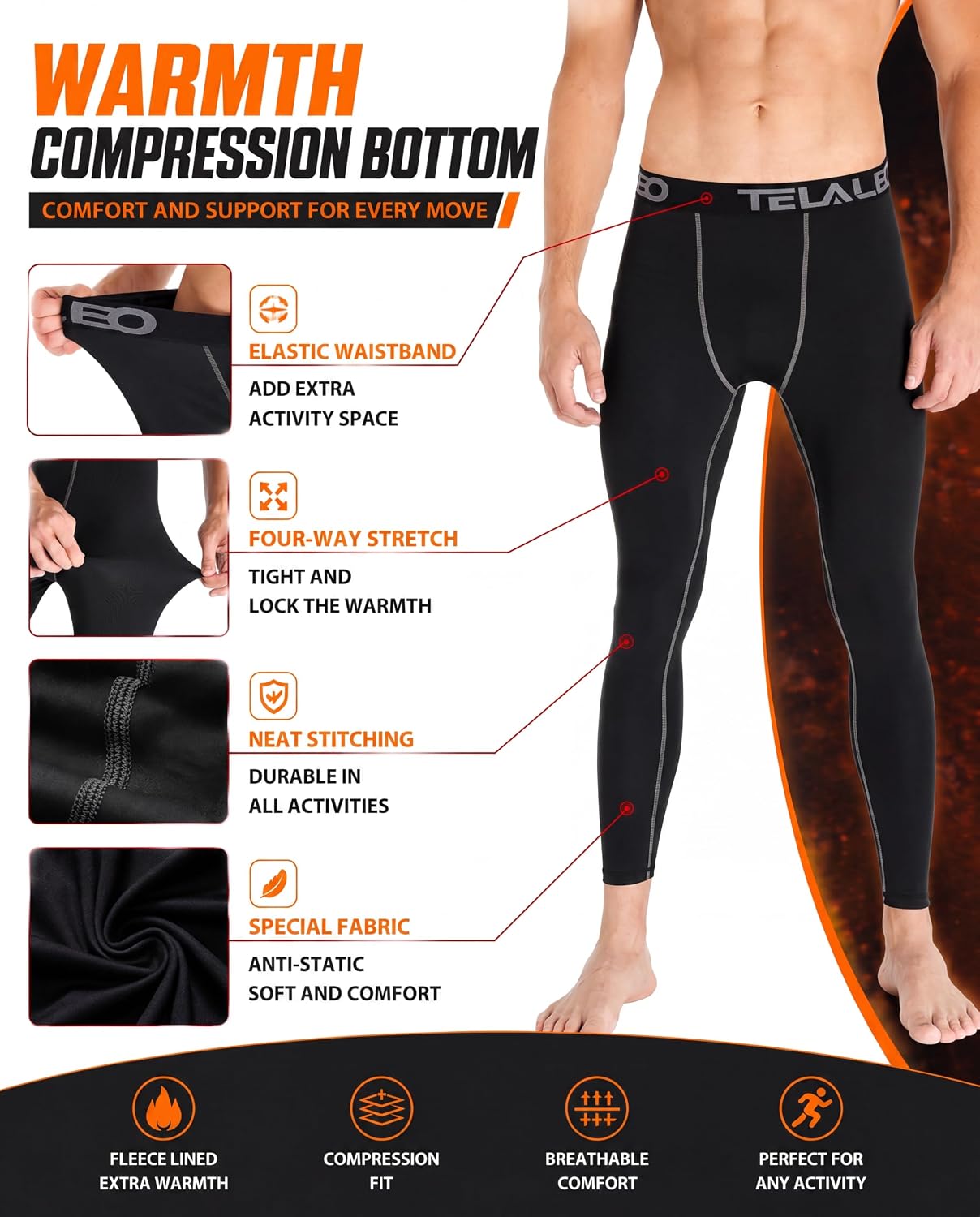 Detalle de TELALEO Men's Thermal Underwear 2-Pack, Fleece-Lined 4-Way Stretch Base Layer
