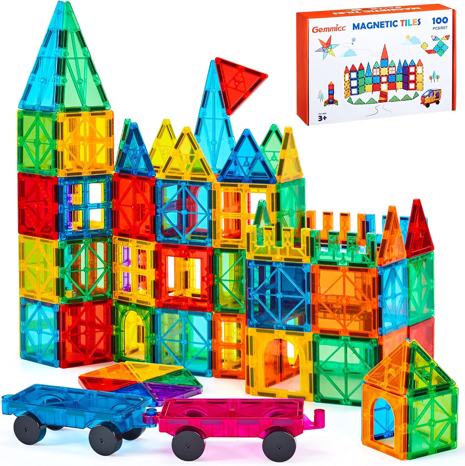 Detalle de Gemmicc Magnetic Tiles 100 PCS with 2 Cars (STEM Approved Magnet Building Set)